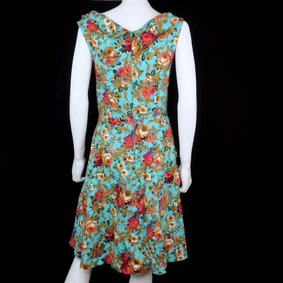 Lindy Bop Ophelia Retro Pin Up Turquoise Floral Fit and Flare Swing Dress Medium - Picture 6 of 9